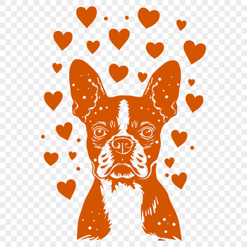 A stylized vector illustration of a happy Boston Terrier's head, surrounded by love hearts.