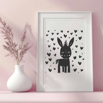 A standing full-body illustration of a cute donkey with love hearts surrounding its body.