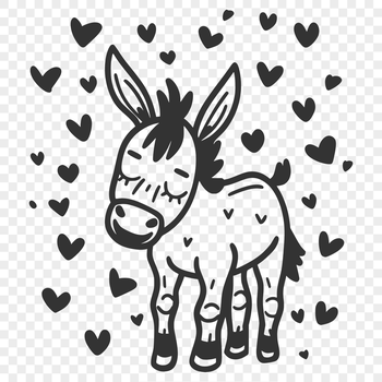 A full-body illustration of a standing donkey with love hearts surrounding its body.