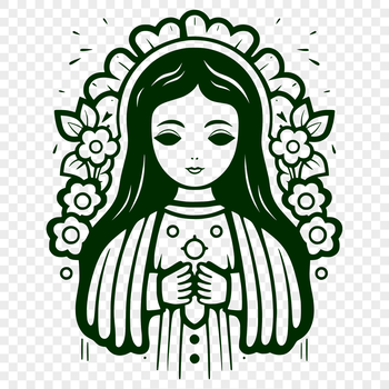 A traditional depiction of the Virgin Mary in ornate attire with floral patterns, suitable for various religious contexts.