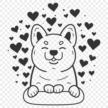 A full-body illustration of a sitting Shiba Inu dog with heart symbols surrounding it.