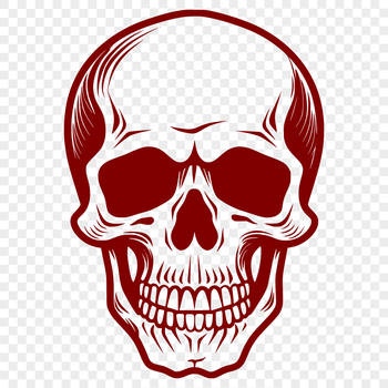 A stylized skull with a witch's hat on its head, surrounded by autumnal leaves and pumpkins.