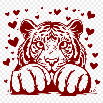 A close-up illustration of a tiger's head peeking out from behind a pair of love hearts.