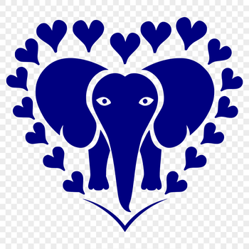 An illustration of a gentle elephant's head with love hearts surrounding its features.