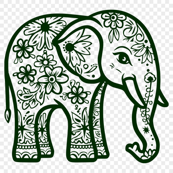 A detailed illustration of a full-body elephant with intricate floral patterns in the background.