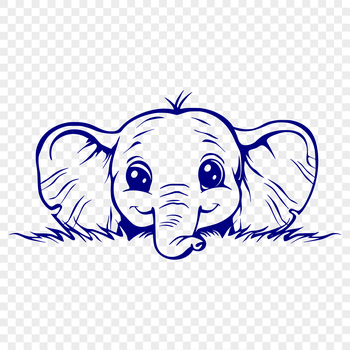 A detailed illustration of a curious elephant's head peeking out from behind a leafy tree branch.