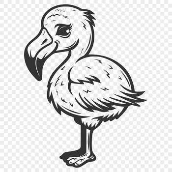 A full-body illustration of a pink flamingo standing upright with its long neck stretched.