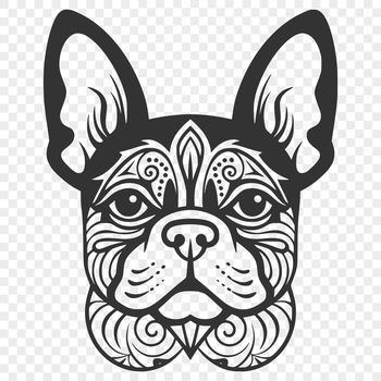 A detailed illustration of a French Bulldog's head with ornate features.