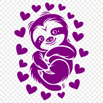 An illustration of a sloth's full body with intricate details and love hearts integrated into the design.