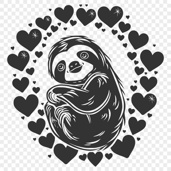 A detailed illustration of a sloth's full body, depicted with love hearts surrounding its fur.