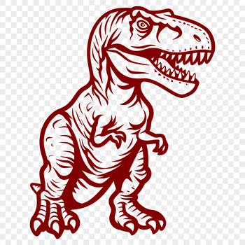 A detailed, full-body illustration of a T-Rex dinosaur in a prehistoric landscape.