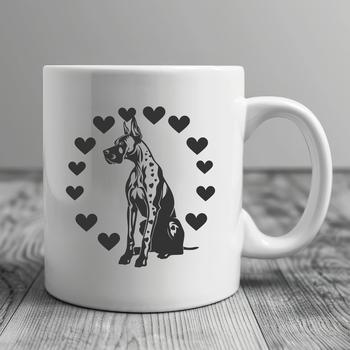 A large breed dog sitting on its haunches with love hearts surrounding it.