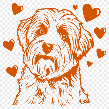 Small white dog with love hearts around its head.