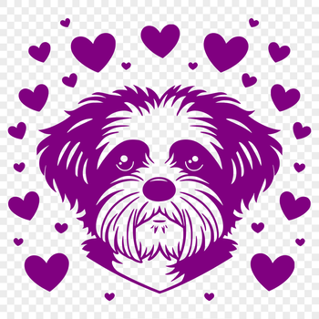 A small breed dog with curly fur and a sweet expression, symbolized by red hearts on its head.