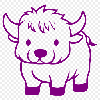A full-body illustration of a Scottish Highland cow standing on a grassy background.