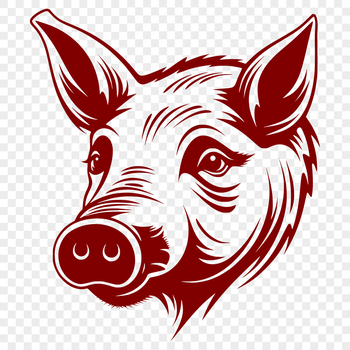 A detailed illustration of a pig's head with prominent features.