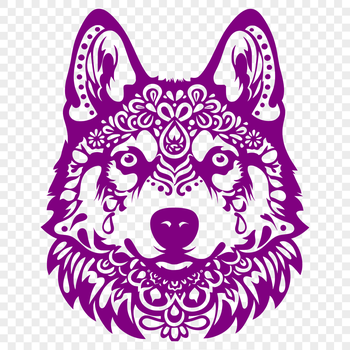 Illustrative husky dog head with ornate details in vector format.