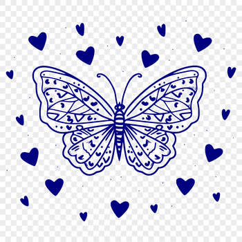 A detailed illustration of an ornate insect with full body features, adorned with heart motifs.