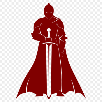 A medieval knight in full armor standing with sword and shield.