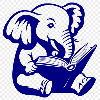 An illustration of an elephant reading a book in a simple, vector style.