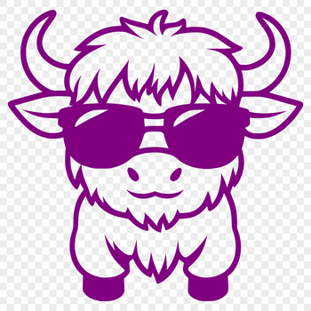 A standing Highland Cow wearing sunglasses on a green pasture background.