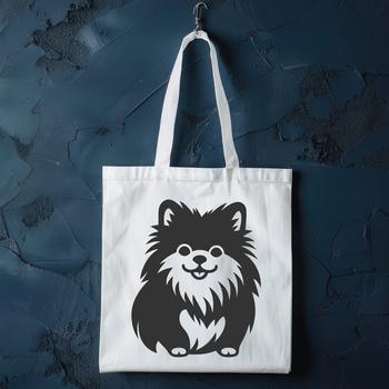 A full-body illustration of a small breed dog, specifically a Pomeranian, sitting upright with its paws on the ground.