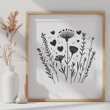A delicate wild flower with intricate petals surrounded by stylized love hearts in a vector format.