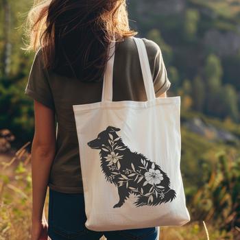 Illustration of a sitting Australian Shepherd dog on a floral background.