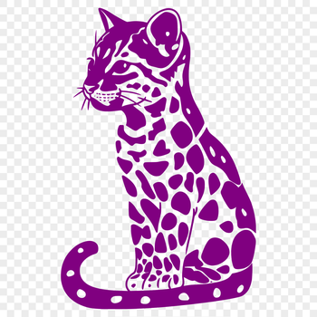 A full-body illustration of a big cat species, the ocelot, in a sitting position.