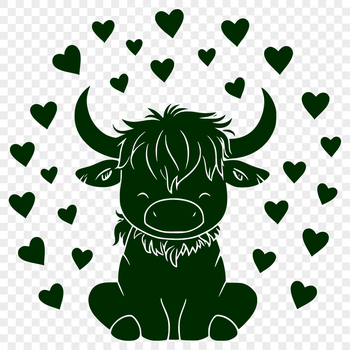 A full-body illustration of a standing Highland cow with heart symbols integrated into the design.