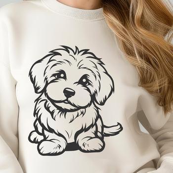 A detailed vector drawing of a Havanese breed dog in a seated pose.