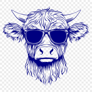 A Highland cow with sunglasses, standing on a farm landscape.