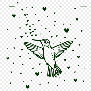 A colorful hummingbird in mid-flight, with heart patterns surrounding its body.