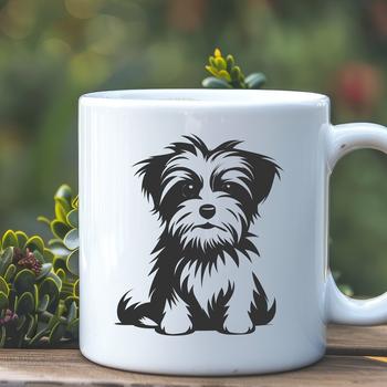 A full-body illustration of a small-sized dog breed, specifically a Morkie, depicted in a sitting position.