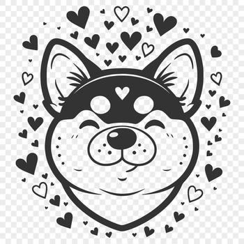 A cute and playful Shiba Inu dog breed with heart decorations on its head.