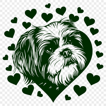 A digital illustration of a Shih Tzu's head with heart symbols surrounding its face, suitable for vector graphics design.