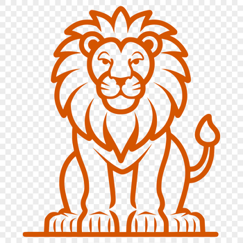 A simple line drawing of a lion sitting in profile, showcasing its full body.