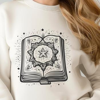 Illustration of a spell book with mystical symbols and magical elements, suitable for gothic designs.