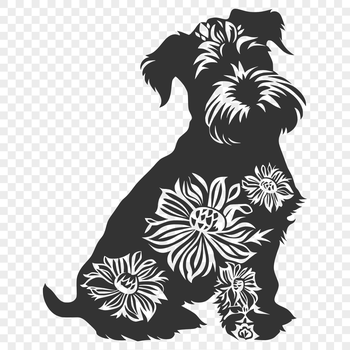A Miniature Schnauzer breed dog sitting on a floral background.