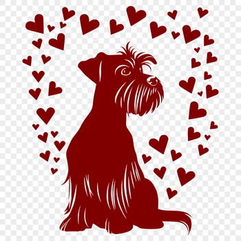 A full-body illustration of a miniature dog with hearts surrounding its body.