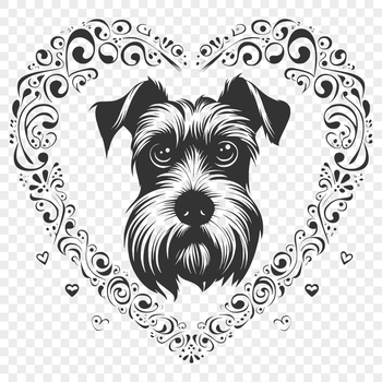 A detailed vector illustration of a miniature dog's head with ornate details.