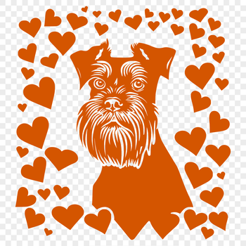 A illustration of a happy Miniature Schnauzer's head with colorful heart motifs.