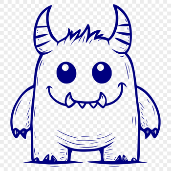 A simple line art illustration of a cute monster face with expressive eyes and a playful smile.