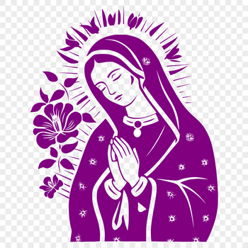 Ornate illustration of the Virgin Mary in a floral patterned frame.