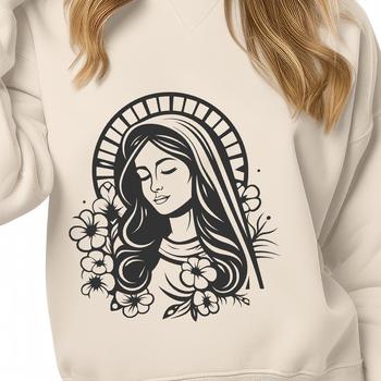 An iconic depiction of Our Lady in a classic religious art style with intricate design elements.