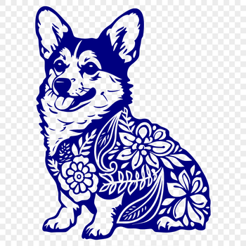 A sitting corgi in a floral ornate design.