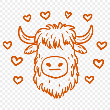 A stylized illustration of a Highland Cow's head with love hearts surrounding it.
