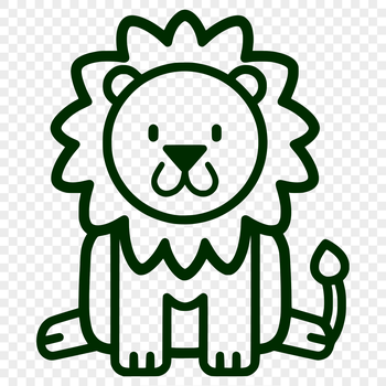 A simple line drawing of a lion in a sitting position, showcasing the animal's full body features.
