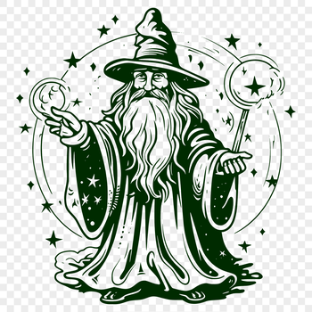 A fantasy character in a wizard costume, suitable for use as vector art in various design software and cutting machines.