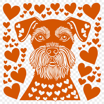 A close-up illustration of a Miniature Schnauzer's head with heart symbols surrounding it.